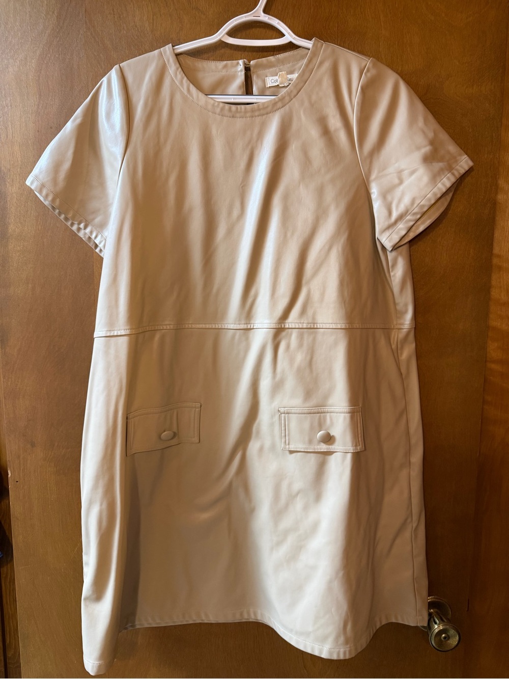 Minimal beige Short-Sleeve Shift Dress faux leather